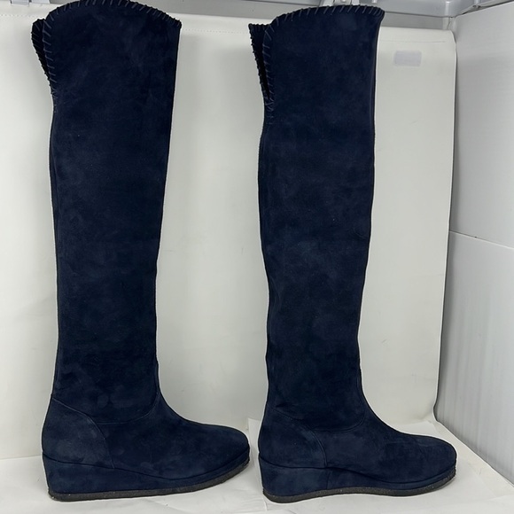 Michele Negri Sz 8.5 Blue Suede Low Wedge Whipstitch Trim Knee Boots - Picture 1 of 16